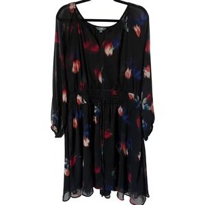 Terra & Sky Floral Mini Dress 1X Plus Size Boho Smocked Waist Black Red Blue